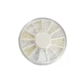   Nail decoration disc with 12 compartments #002 White and champagne-coloured beads